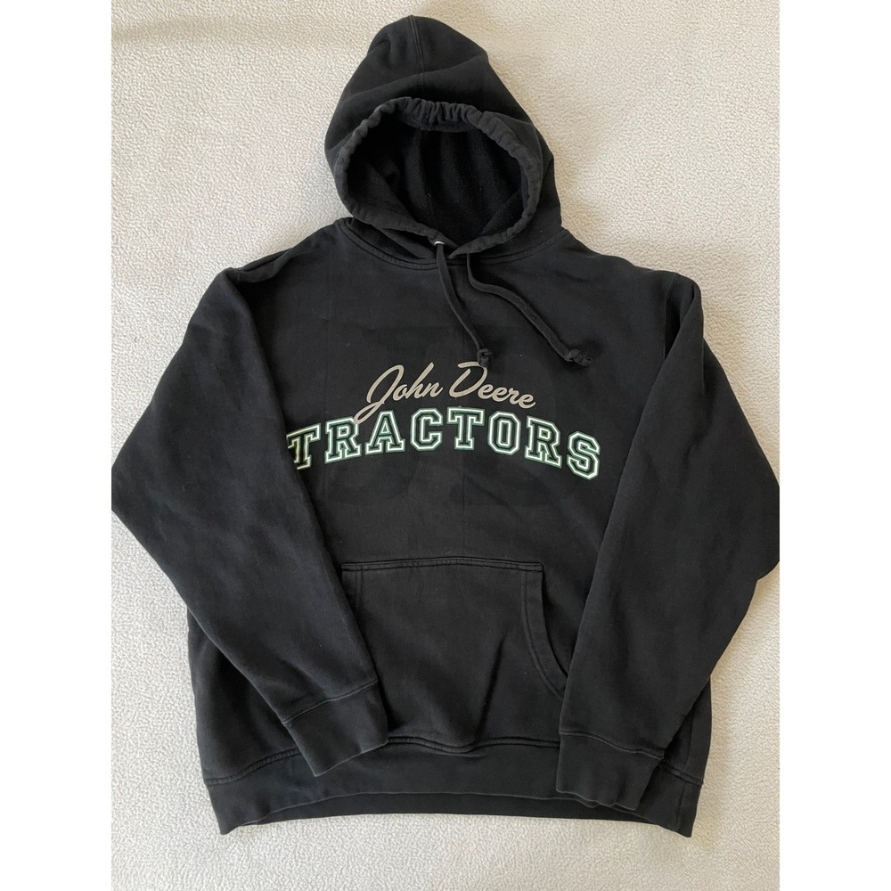 John‎ Deere Mens Large Hoodie Black Graphic Pullover Tractors Logo Sweatshirt